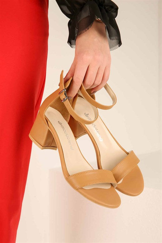 Women's Beige Leather Heeled Sandals