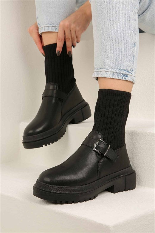Women's Tricot Detail Black Leather Boots