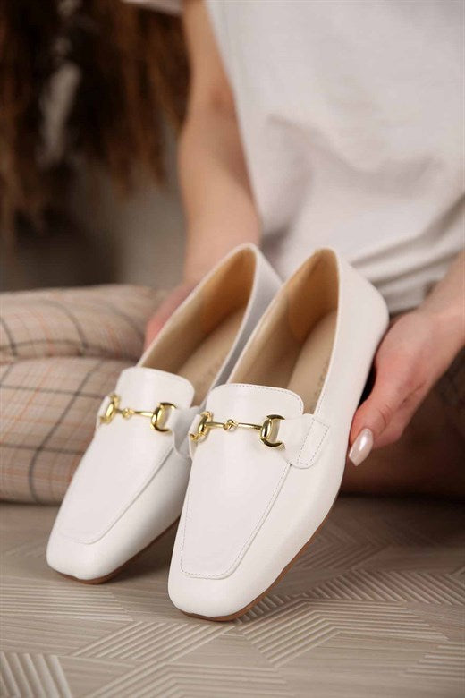 Women's White Leather Flat Shoes