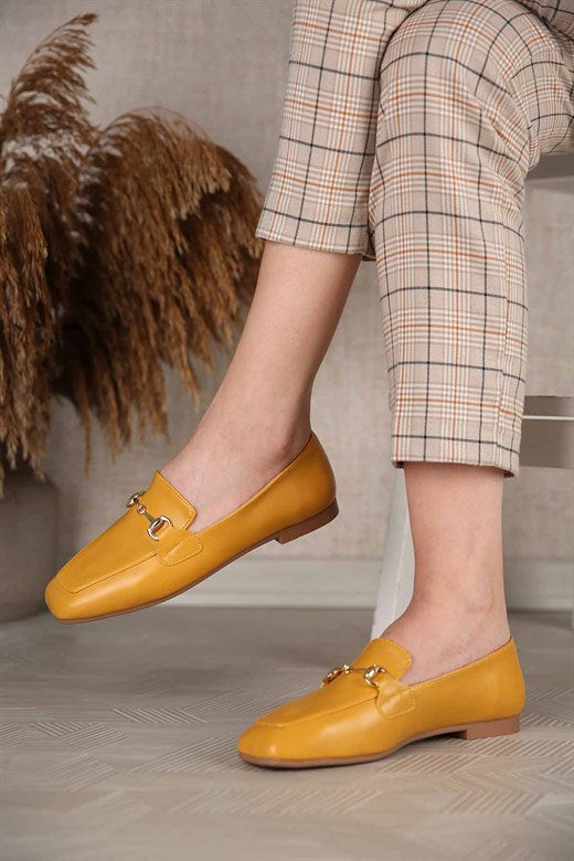 Women's Mustard Leather Flat Shoes
