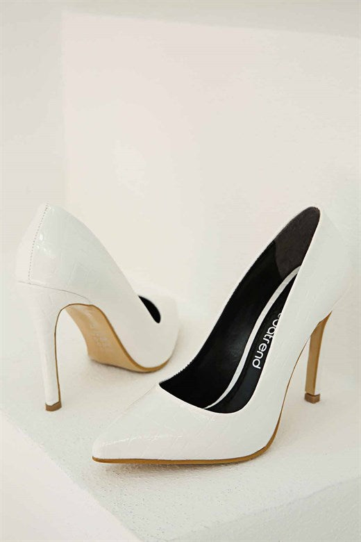 Women's Crocodile Pattern White Heeled Shoes
