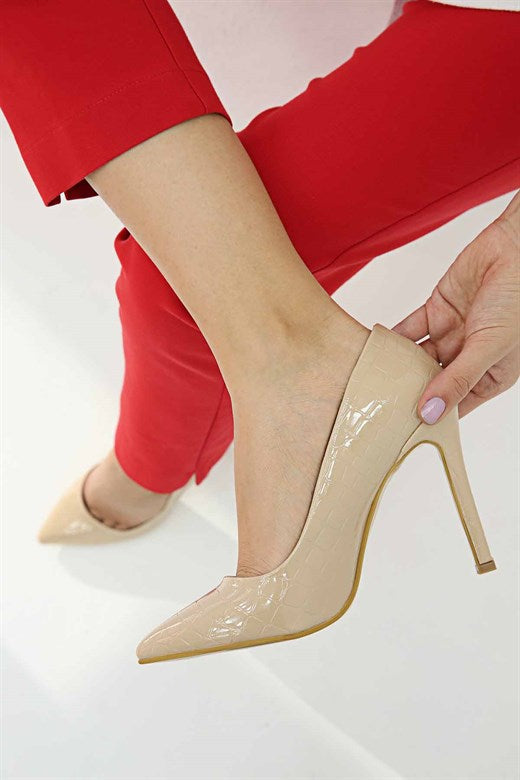 Women's Crocodile Pattern Tan Heeled Shoes