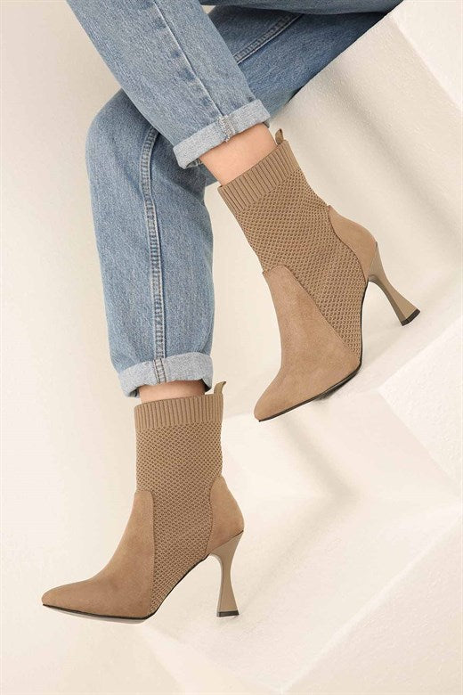 Women's Tricot Detail Mink Suede Heeled Boots