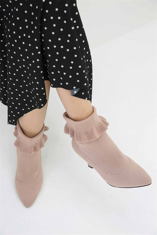 Women's Frill Dusty Rose Tricot Heeled Boots