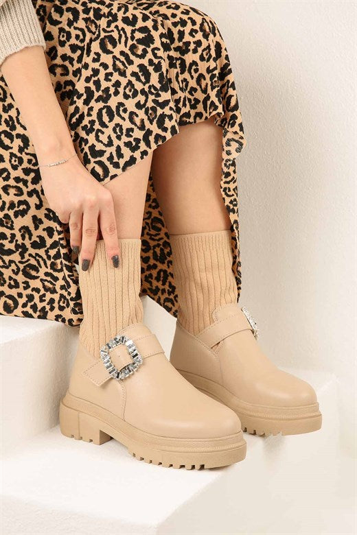 Women's Gemmed Beige Tricot Boots