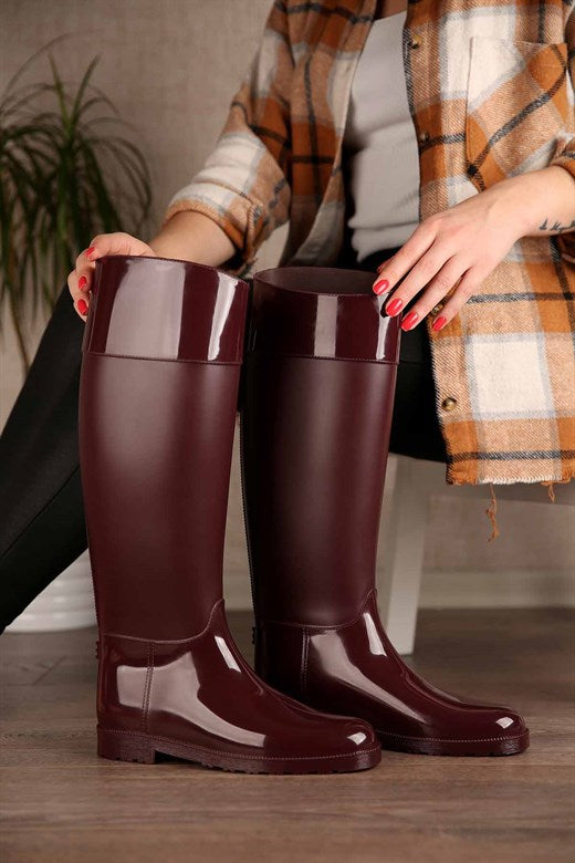 Women's Claret Red Long Rain Boots