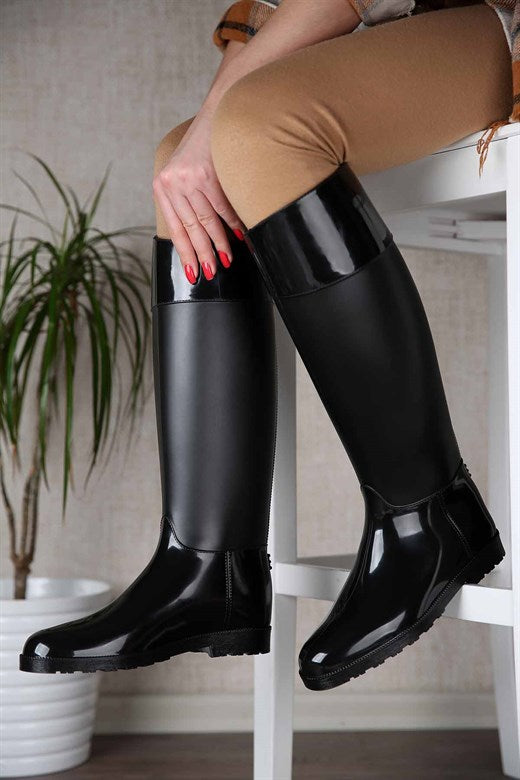 Women's Black Long Rain Boots