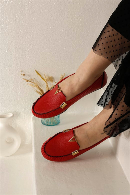 Women's Buckle Red Flat Shoes