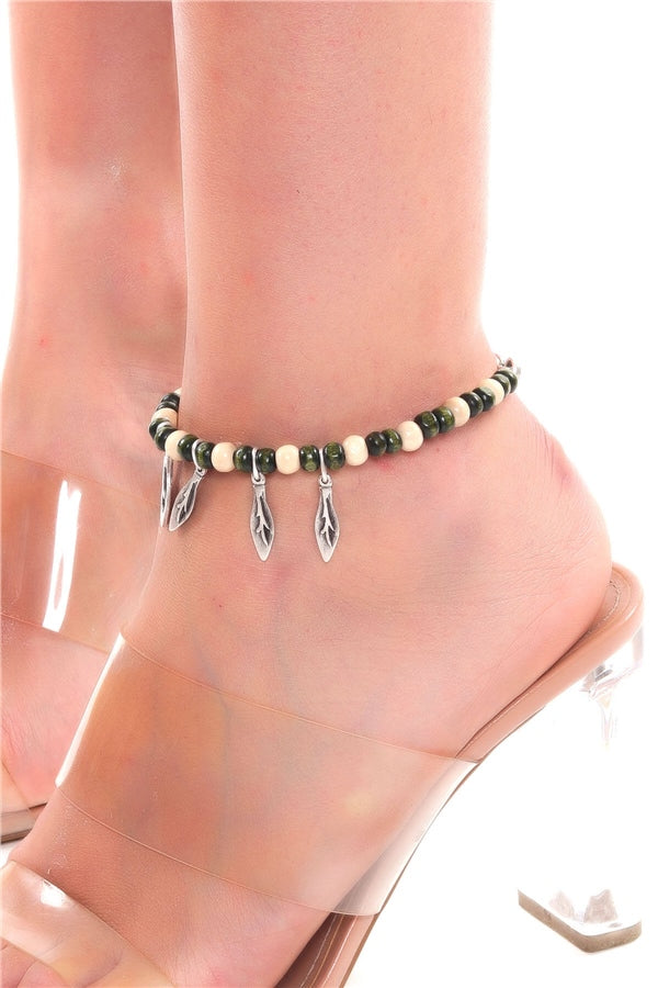 Women's Charm Detail Green Wood Beads Anklet