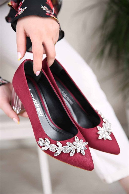 Women's Gemmed Claret Red Suede Heeled Shoes