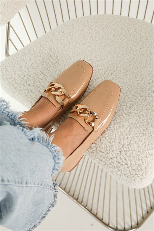 Women's Beige Patent Leather Flat Shoes