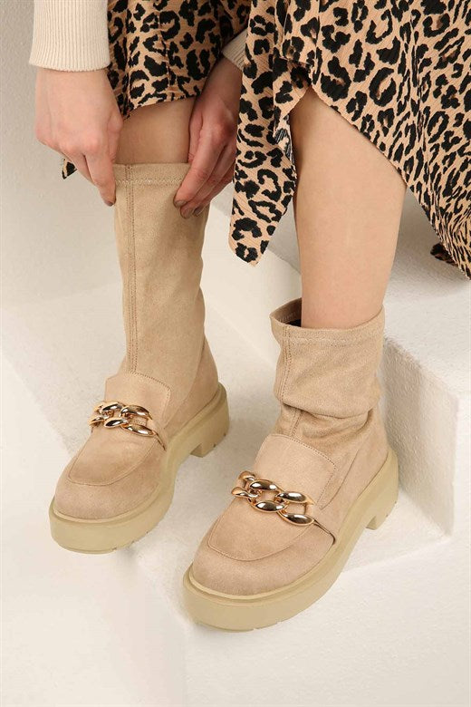 Women's Chain Detail Beige Stretch Boots