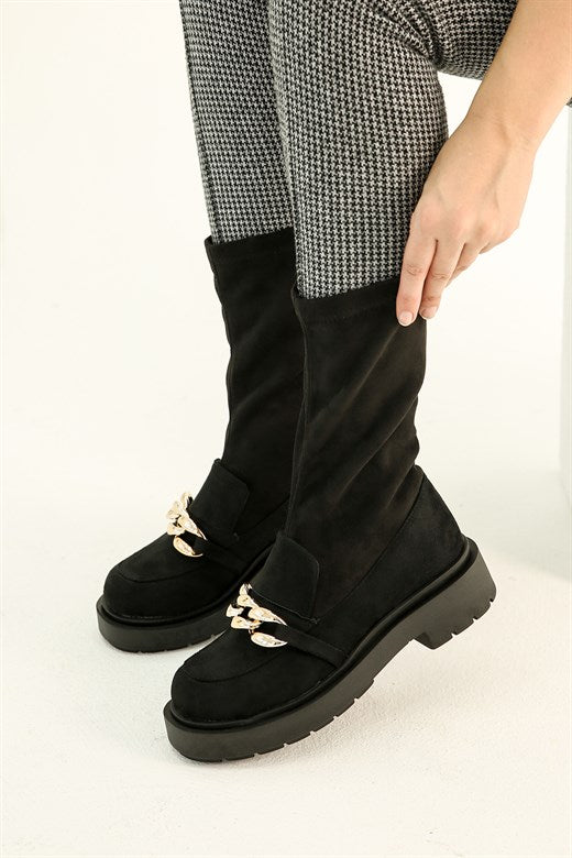 Women's Chain Detail Black Stretch Boots