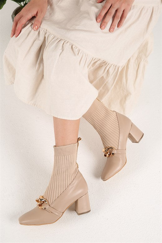 Women's Beige Tricot Heeled Boots