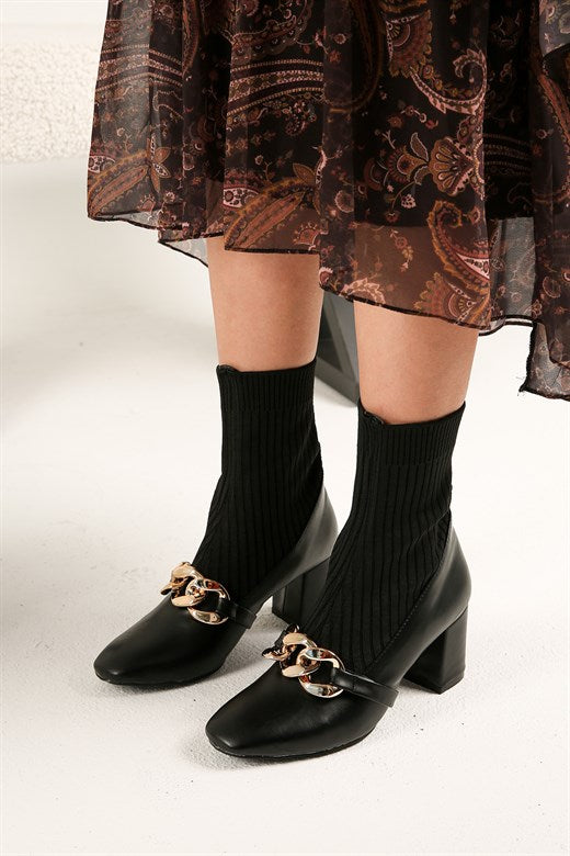 Women's Black Tricot Heeled Boots