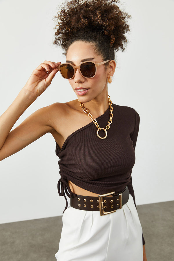 Women's Side Shirred One Sleeve Brown Rib Blouse
