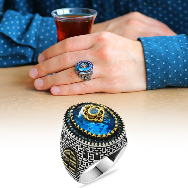 Men's Aqua Blue Zircon Gemmed 925 Carat Silver Ring