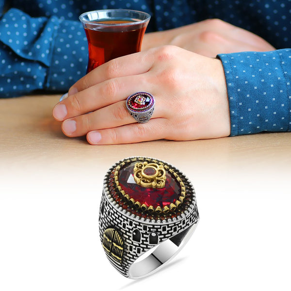 Men's Red Zircon Gemmed 925 Carat Silver Ring