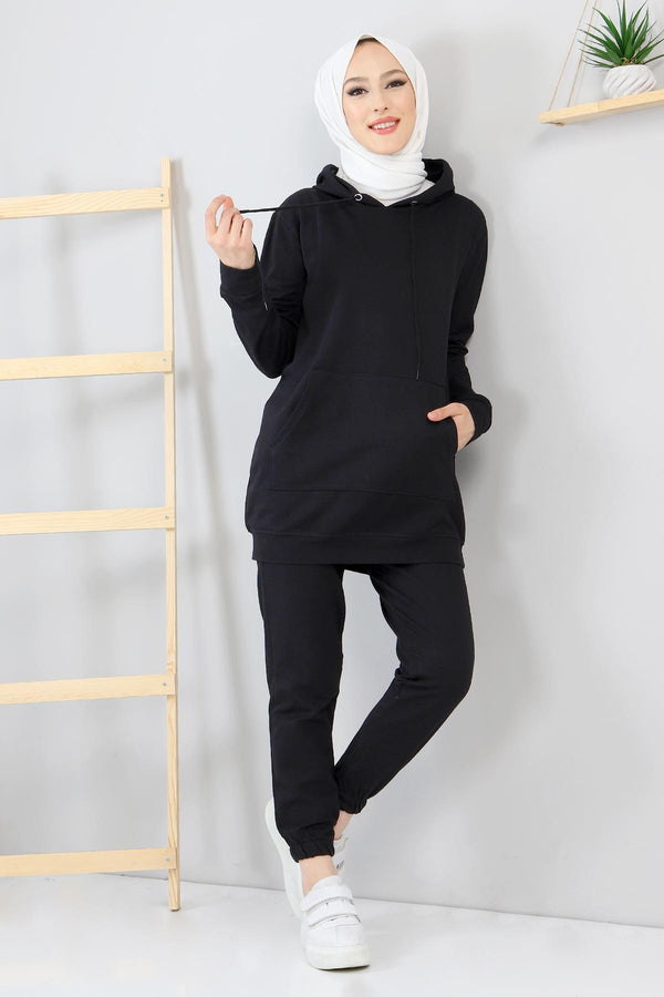 Women's Hooded Black Tunic & Pants Set