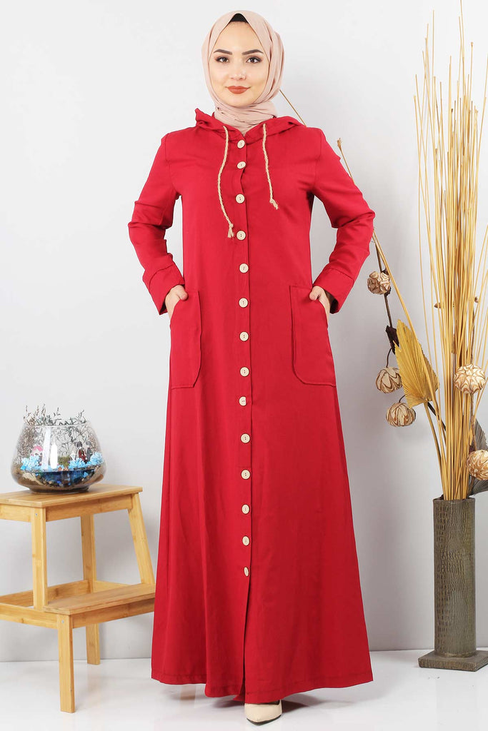 Women's Hooded Wooden Button Claret Red Abaya