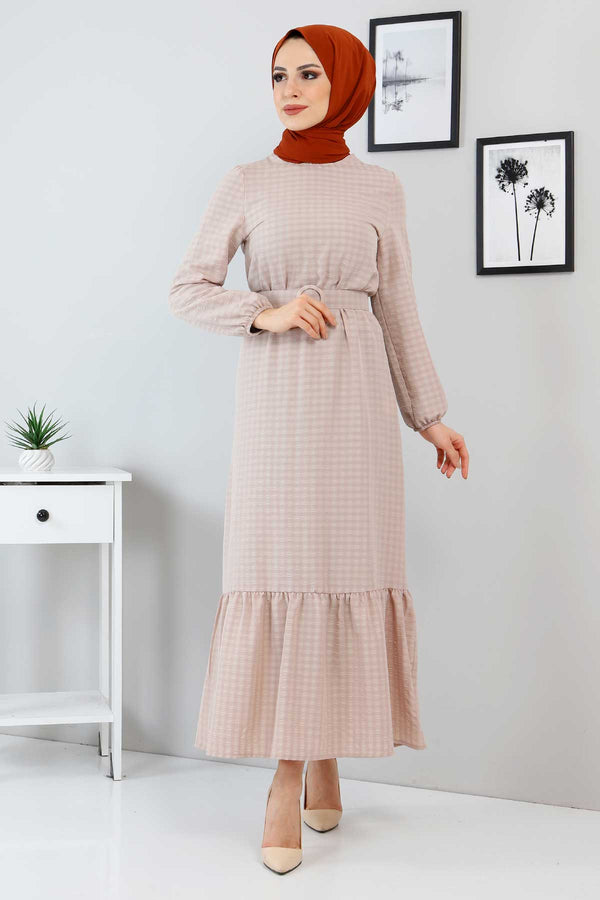 Women's Belt Detail Checkered Mink Dress