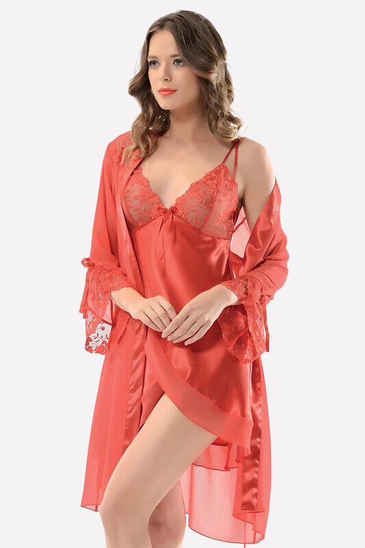 Women's Red Satin Nightgown & Morning Robe Set