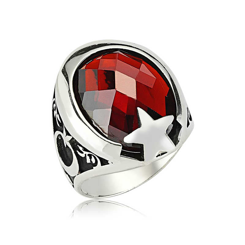 Men's Red Gemmed Silver Ring