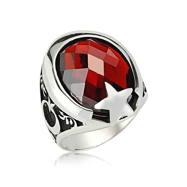 Men's Red Gemmed Silver Ring