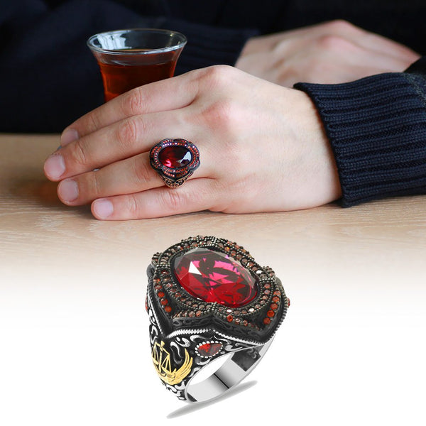 Men's Red Zircon Gemmed 925 Carat Silver Ring