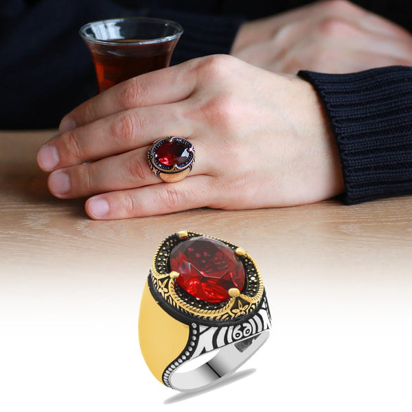 Men's Red Zircon Gemmed 925 Carat Silver Ring
