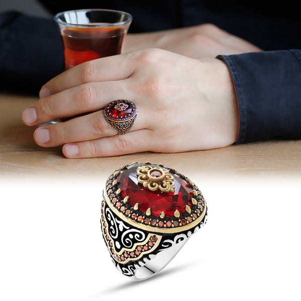 Men's Micro Gem Embroidered Red Zircon Detail 925 Carat Silver Ring
