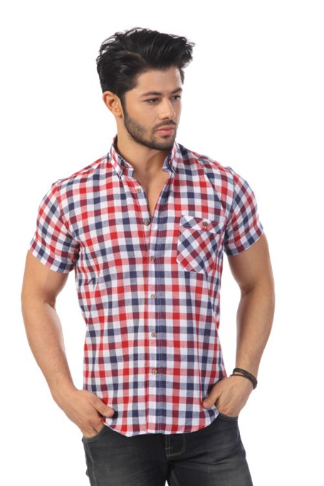 Men's Short Sleeves Plaid Skinny Fit Shirt