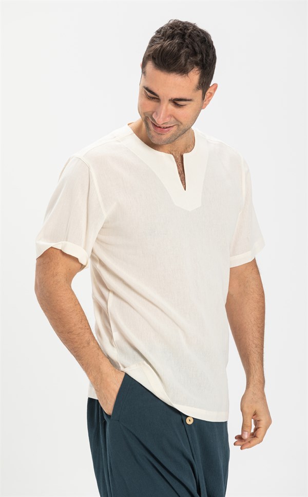 Men's Crew Neck Short Sleeves Cream T-shirt