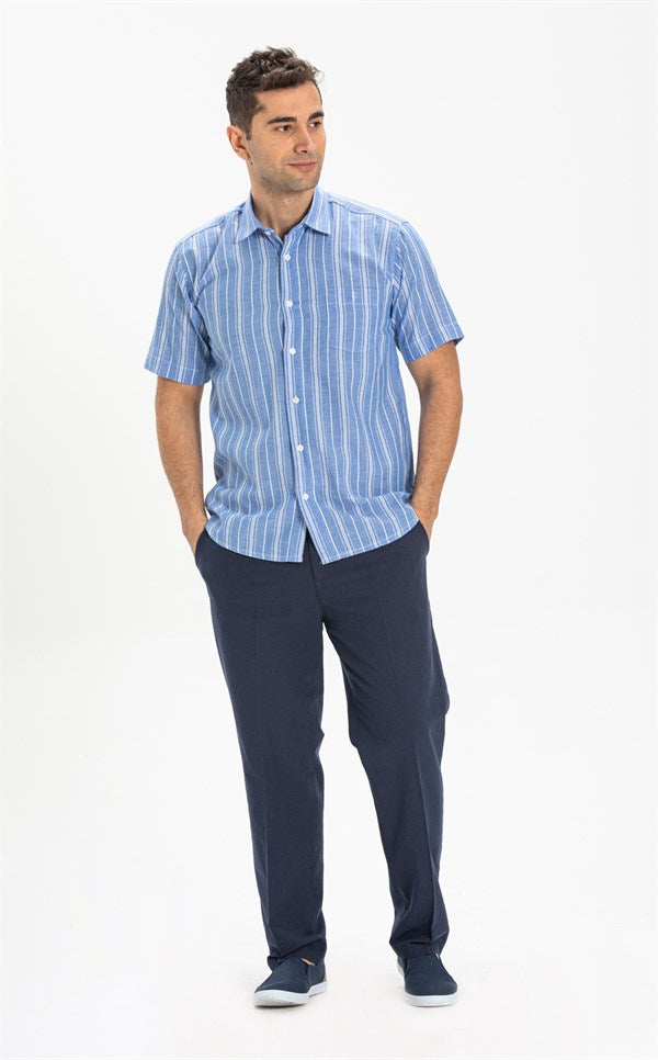 Men's Short Sleeves Striped Blue Shirt