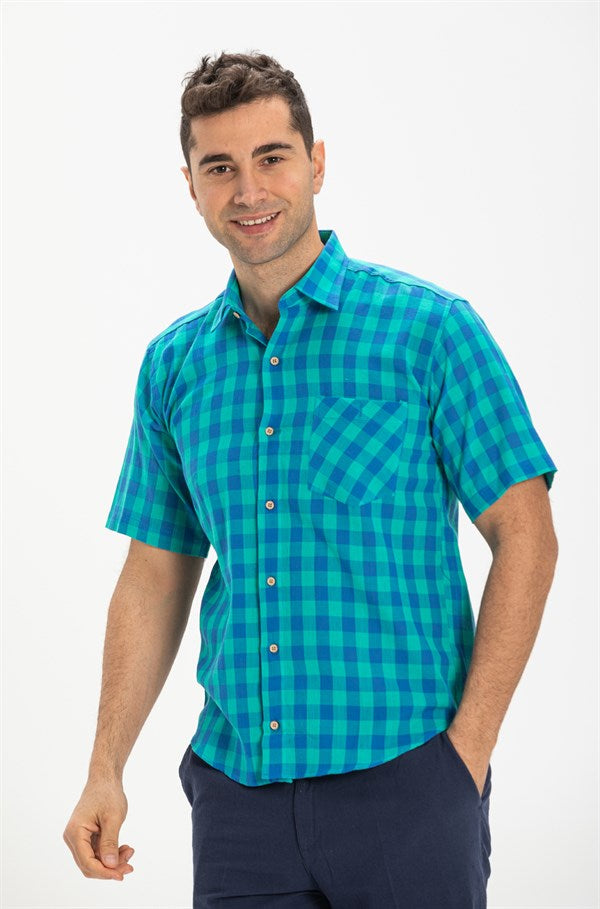 Men's Short Sleeves Checkered Mint Green Shirt