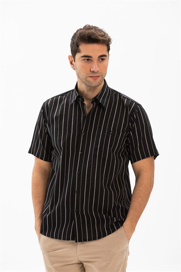 Men's Short Sleeve White Striped Black Gauze Shirt