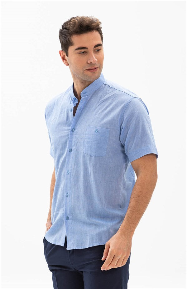 Men's Crew Neck Short Sleeve Blue Gauze Shirt