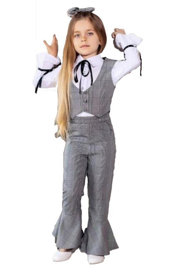 Girl's Plaid Flare Pants, Vest, Shirt & Hair Accessory Set