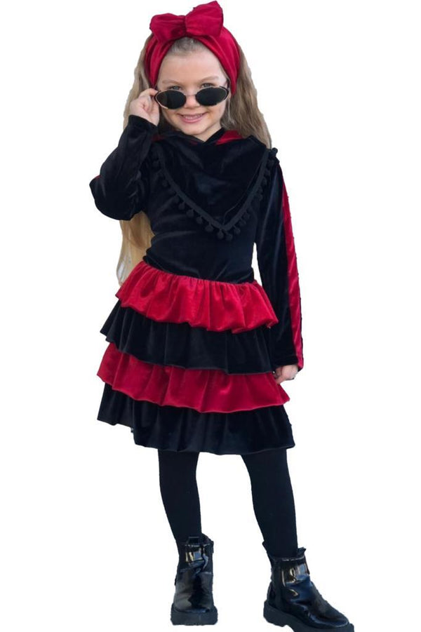Girl's Hooded Ruffle Black - Red Velvet Dress