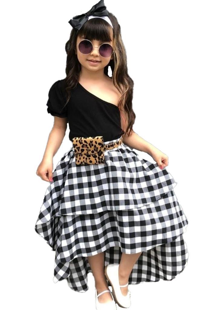 Girl's Checkered Black - White Skirt, Blouse & Bag Set