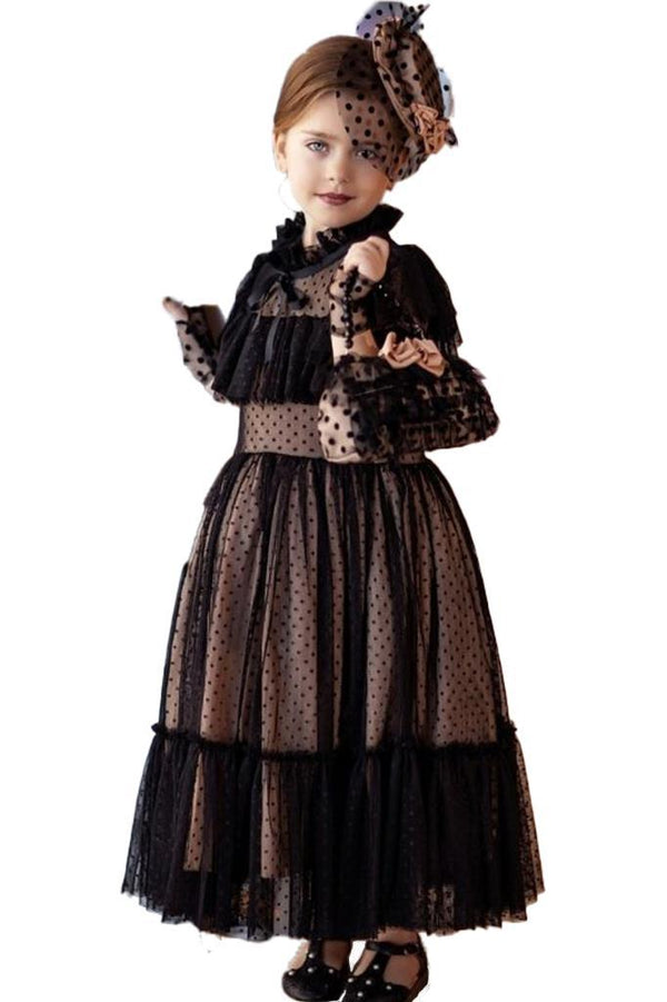 Girl's Dotted Tulle Black Evening Dress