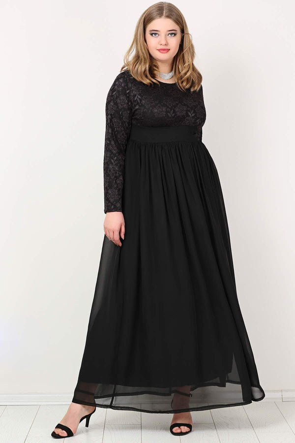 Women's Oversize Black Lycra Chiffon Long Evening Dress