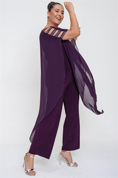 Women's Oversize Chiffon Detail Damson Overall