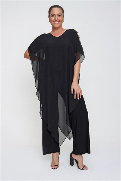 Women's Oversize Chiffon Detail Black Overall