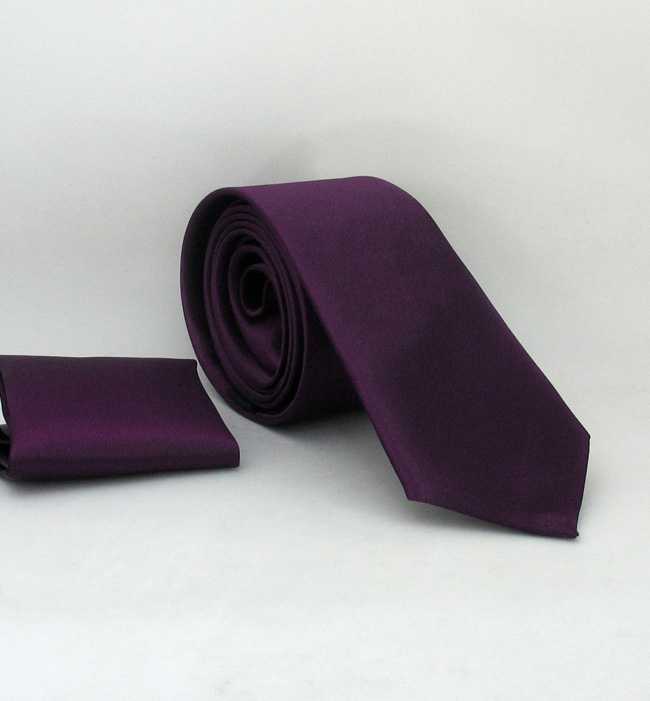 Plain Dark Purple Satin Handkerchief Slim Fit Tie