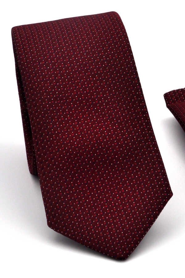 Men's Dotted Claret Red Woven Fabric Slim Fit Tie & Pocket Square Set