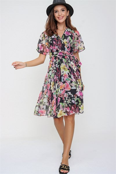 Women's Wrap Collar Patterned Black Chiffon Dress