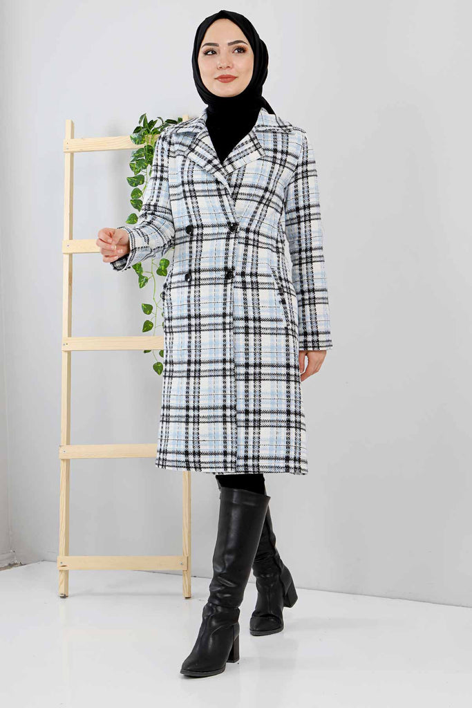 Women's Wrap Collar Plaid Blue Coat