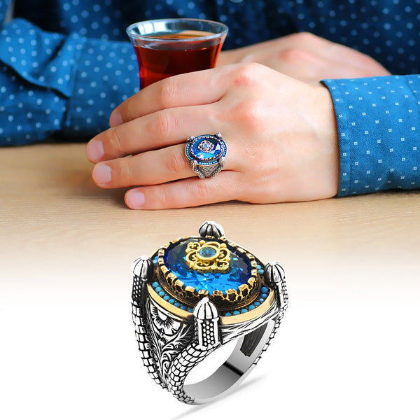Men's Aqua Blue Zircon Gemmed 925 Carat Silver Ring