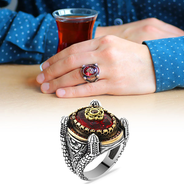Men's Red Zircon Gemmed 925 Carat Silver Ring